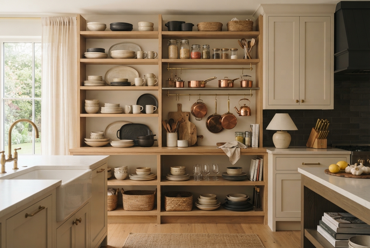 A bright kitchen with shelves of cookware and everyday essentials