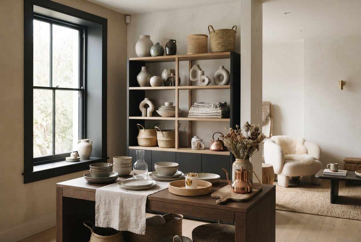 Warm home interior with natural wood, ceramics, and woven baskets